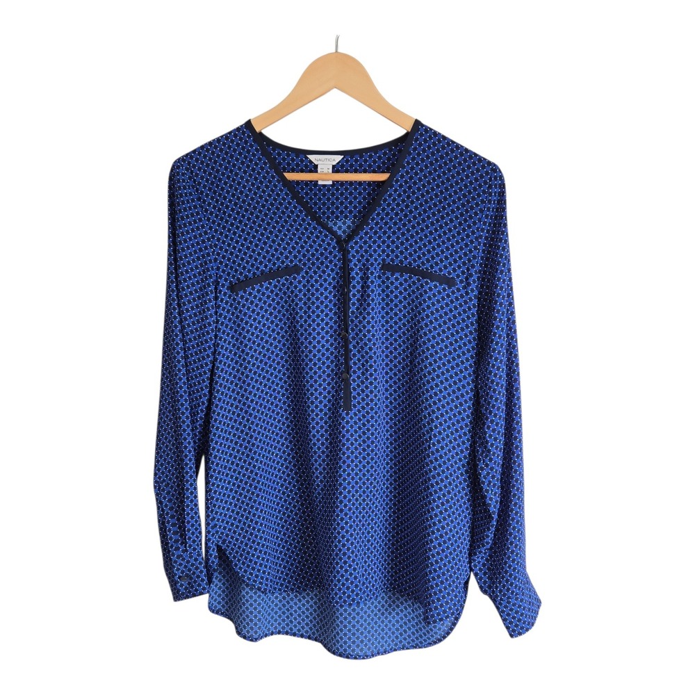 Nautica Womens Blue Geometric Print Long Sleeve V Neck Top Size M Lightweight